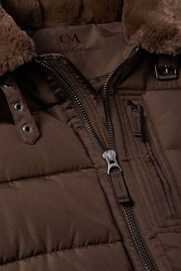 Hommes - Doudoune avec garniture imitation fourrure - marron foncé