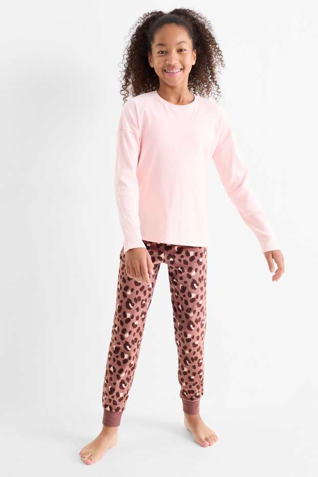 Kinderen: meisjes - Set van 2 - pyjamabroek - luipaardprint - roze