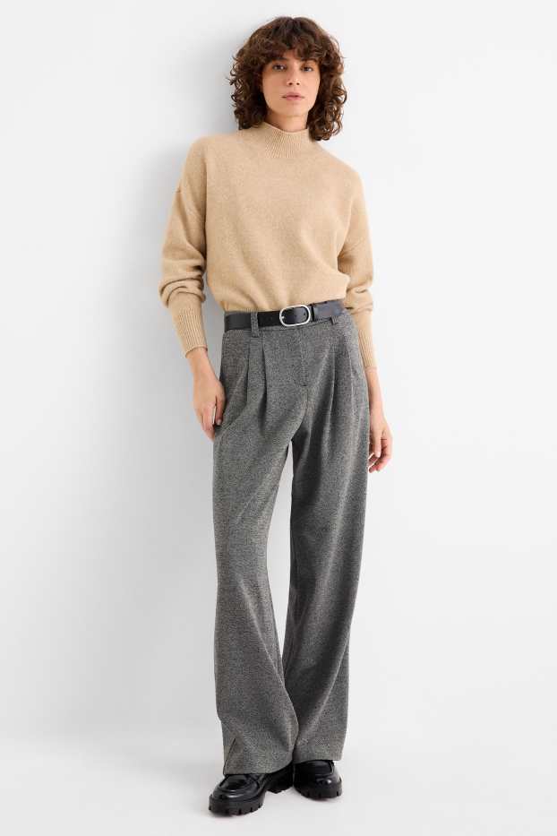 Femei - Pantaloni din jerseu - talie înaltă - wide leg - structurați - gri închis / alb