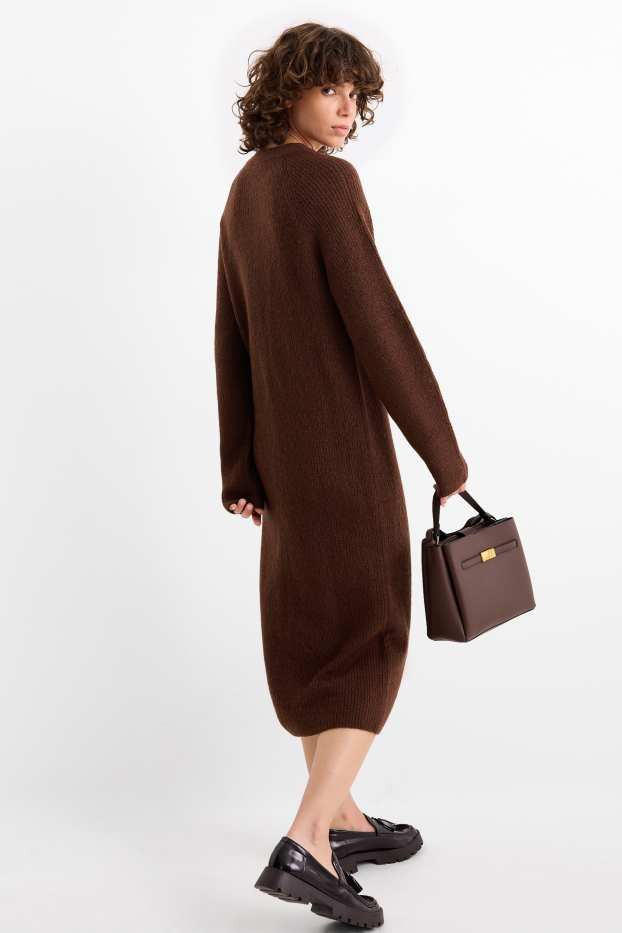 Women - Knitted dress - ribbed - dark brown
