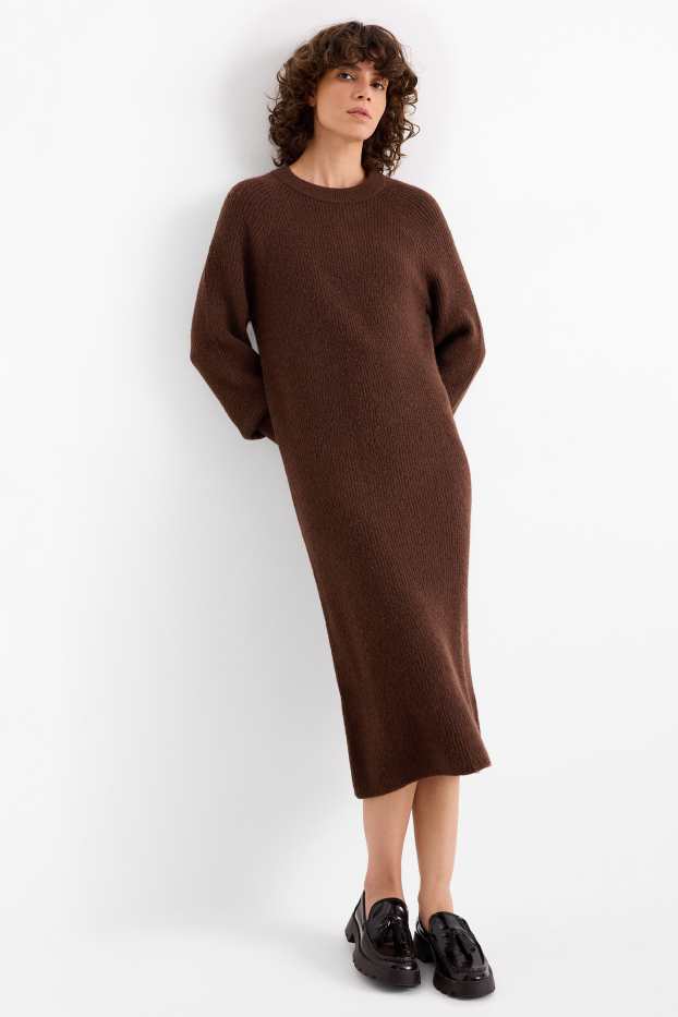 Women - Knitted dress - ribbed - dark brown