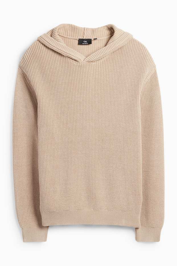 Uomo - Maglione con cappuccio - a coste - beige