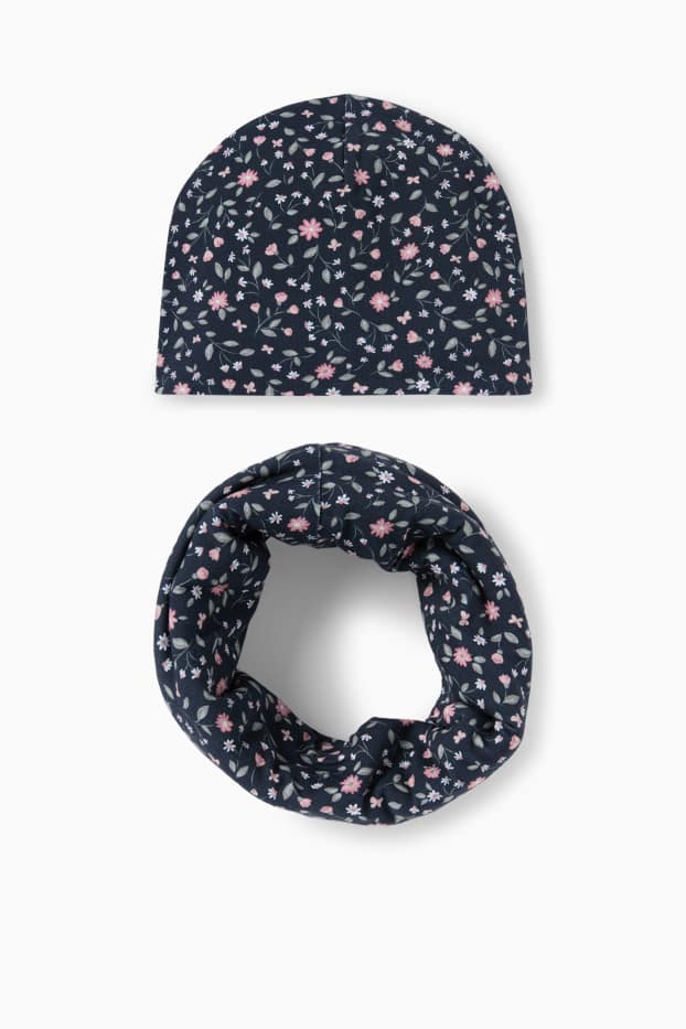 Kinderen: meisjes - Bloem - set - beanie en colsjaal - 2-delig - donkerblauw