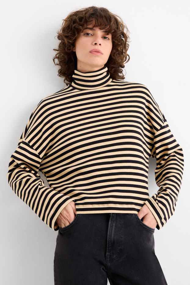 Women - Turtleneck top - ribbed - striped - black / beige