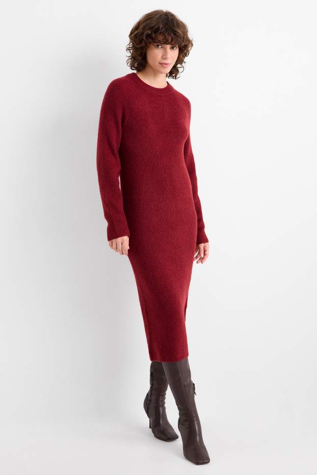 Damen - Strickkleid - gerippt - dunkelrot
