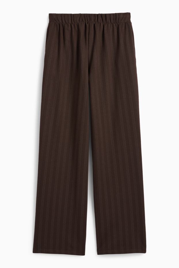 Dámské - Žerzejové kalhoty - mid waist - wide leg - s úzkými proužky - tmavohnědá