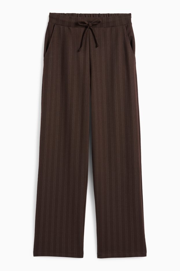 Dámské - Žerzejové kalhoty - mid waist - wide leg - s úzkými proužky - tmavohnědá
