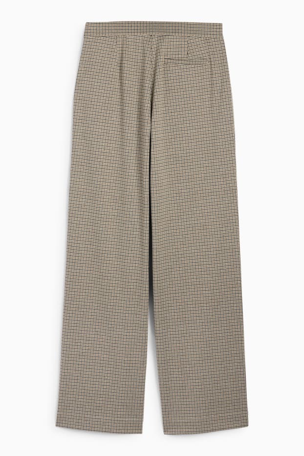 Dámské - Žerzejové kalhoty - high waist - wide leg - kostkované - světle béžová