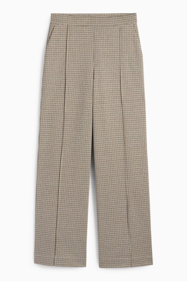 Dámské - Žerzejové kalhoty - high waist - wide leg - kostkované - světle béžová