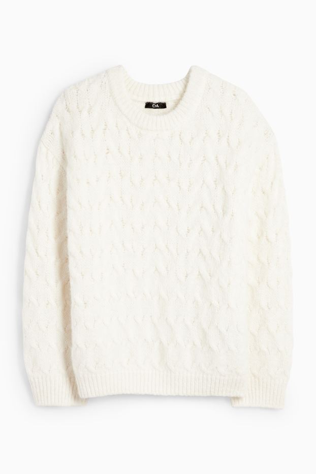 Damen - Pullover - Zopfmuster - cremeweiss