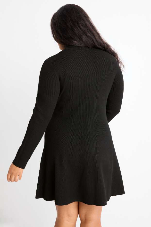Damen - Strickkleid - gerippt - schwarz