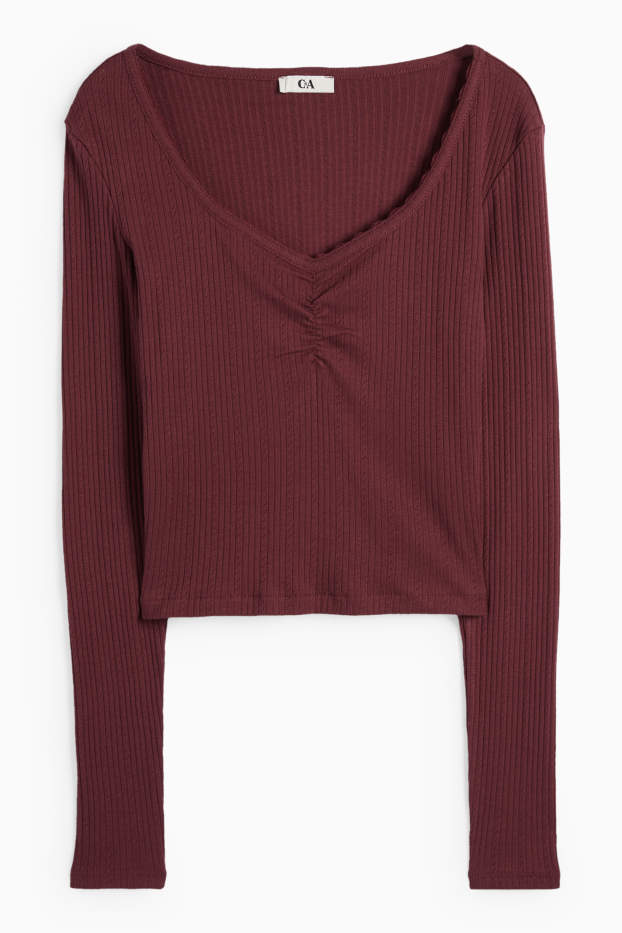 Women - Long sleeve top - slim fit - ribbed - bordeaux