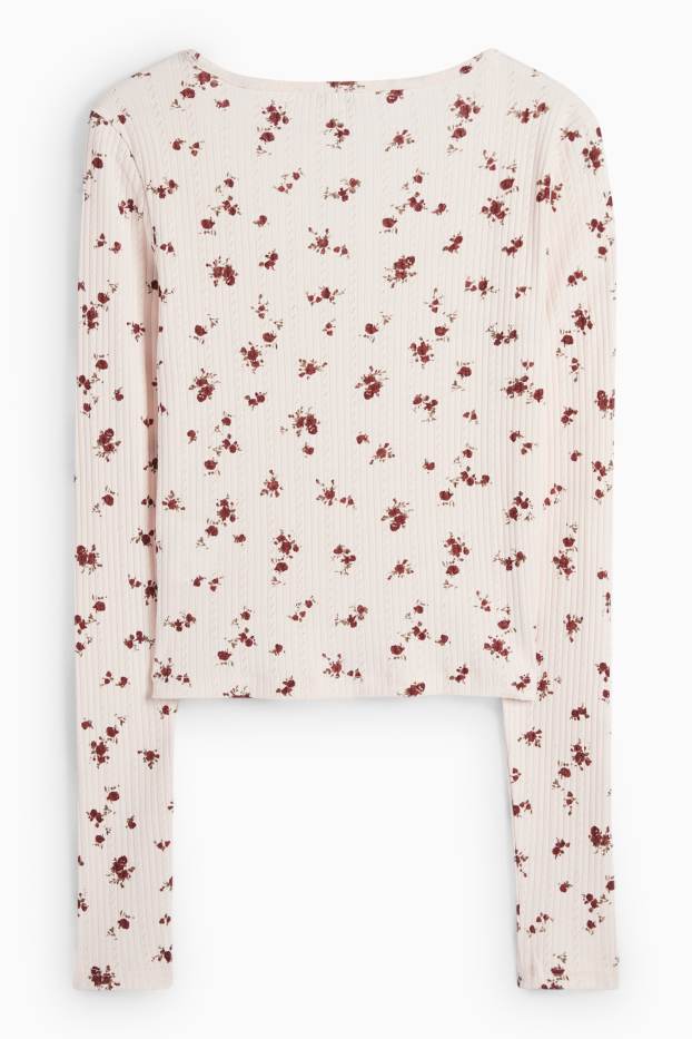 Femmes - Haut à manches longues - slim fit - finition côtelée - à fleurs - rose pâle / rouge