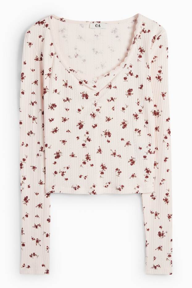 Femmes - Haut à manches longues - slim fit - finition côtelée - à fleurs - rose pâle / rouge