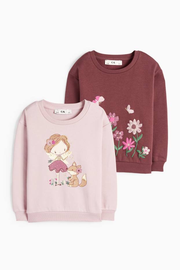 Enfants filles - Lot de 2 - fée, renard et fleurs - sweat - rose