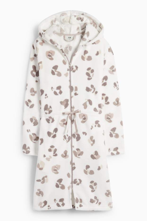 Women - Bathrobe with hood - leopard print - white