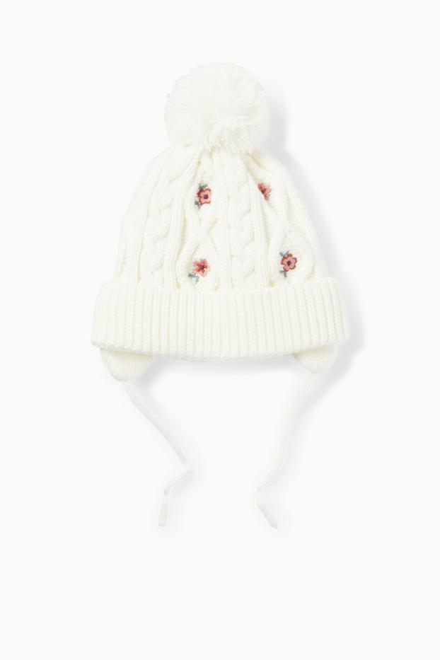 Neonate - Motivo fiori - berretto con pompon neonate - motivo treccia - bianco crema