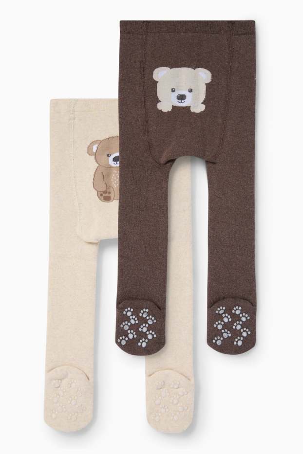 Baby Mädchen - Multipack 2er - Bär - Baby-Thermo-Anti-Rutsch-Strumpfhose - hellbeige