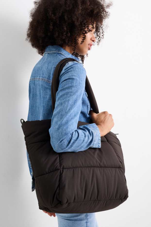Donna - Shopper grande trapuntata con spallaccio removibile - nero
