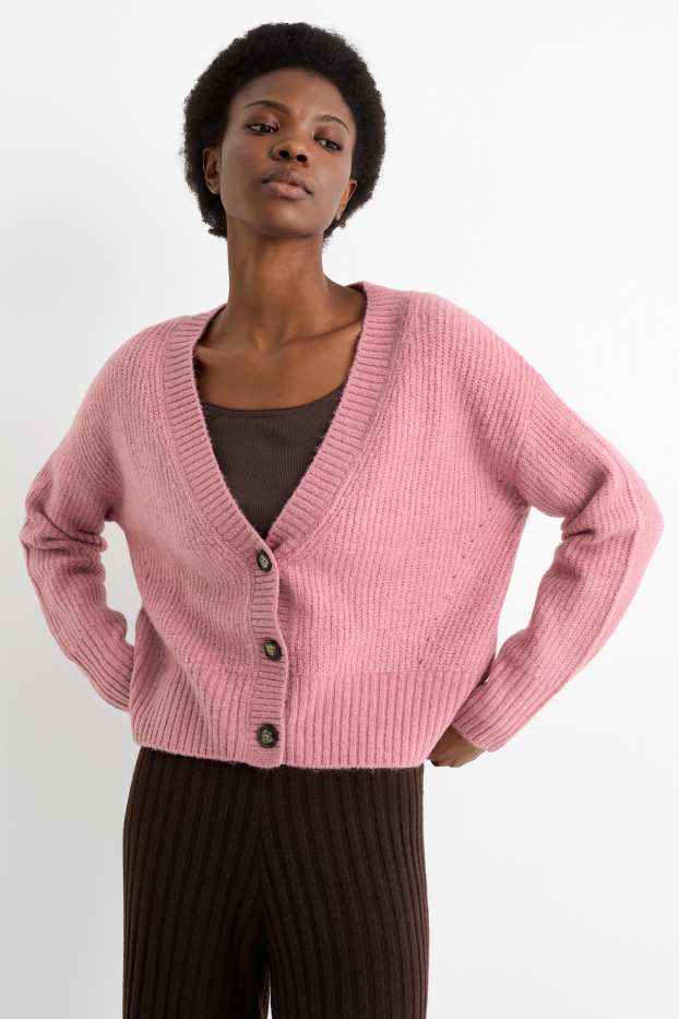 Damen - Strickjacke - gerippt - rosa