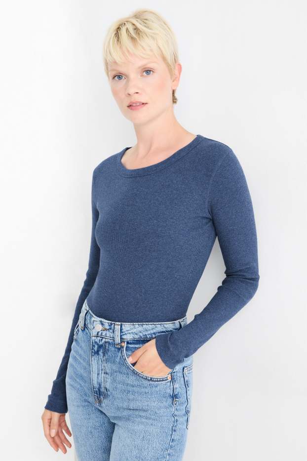 Damen - Langarmshirt - gerippt - dunkelblau