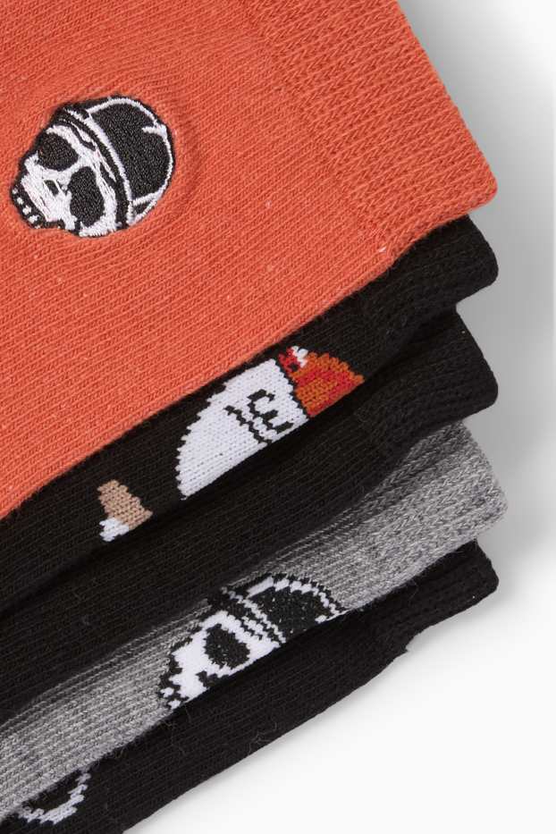 Kinder Buben - Multipack 5er - Totenkopf und Skelett - Socken mit Motiv - schwarz