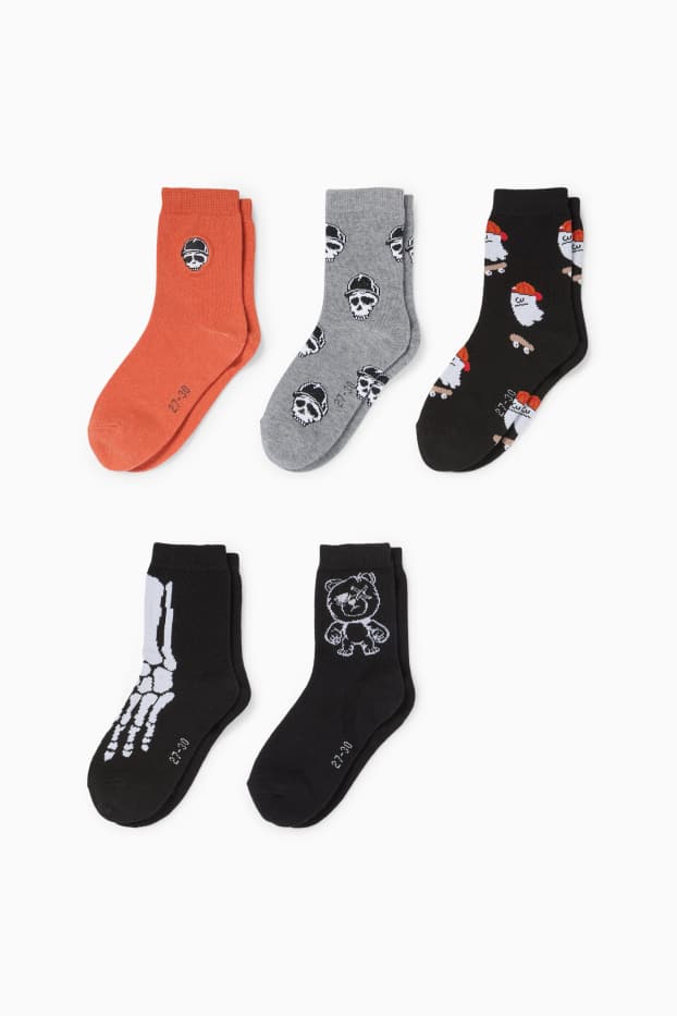 Kinder Buben - Multipack 5er - Totenkopf und Skelett - Socken mit Motiv - schwarz