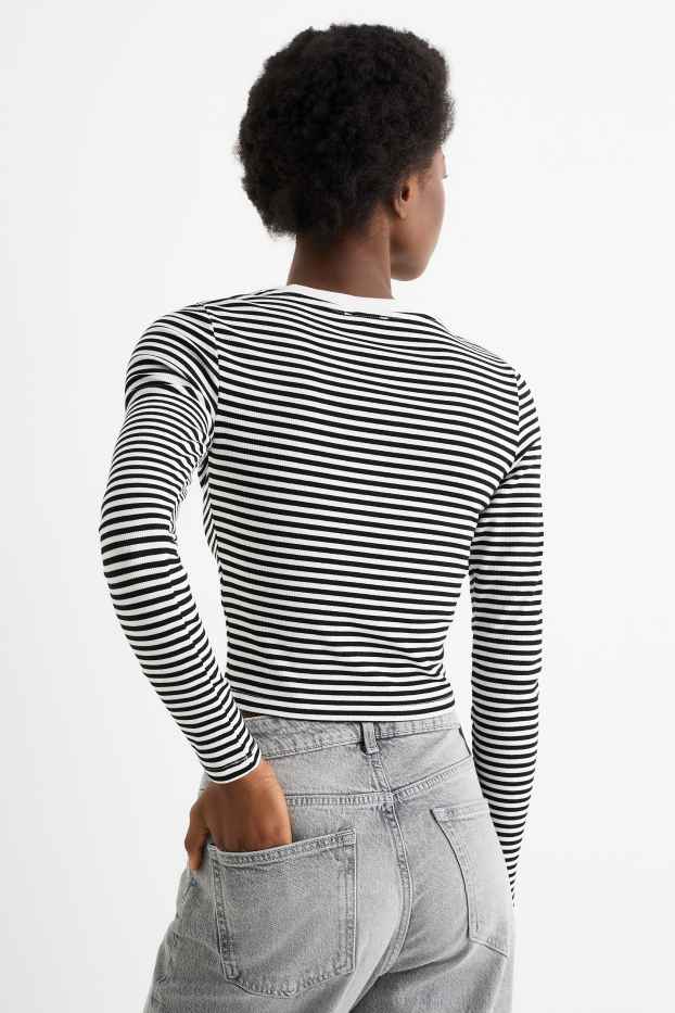 Mujer - Camiseta crop de manga larga - de canalé - de rayas - negro / blanco