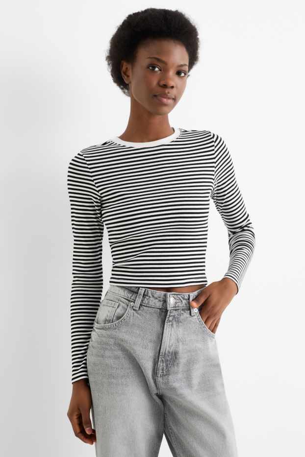 Mujer - Camiseta crop de manga larga - de canalé - de rayas - negro / blanco