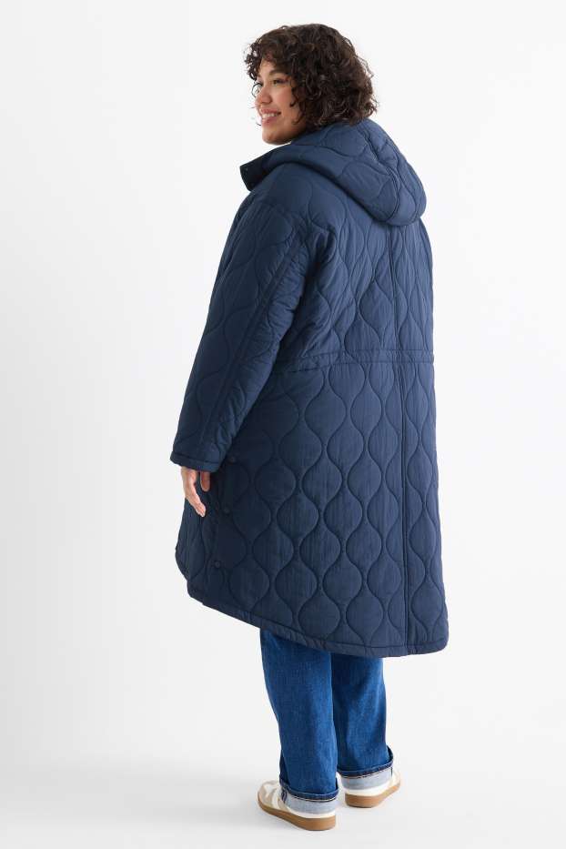 Dames - Gewatteerde mantel met capuchon - donkerblauw