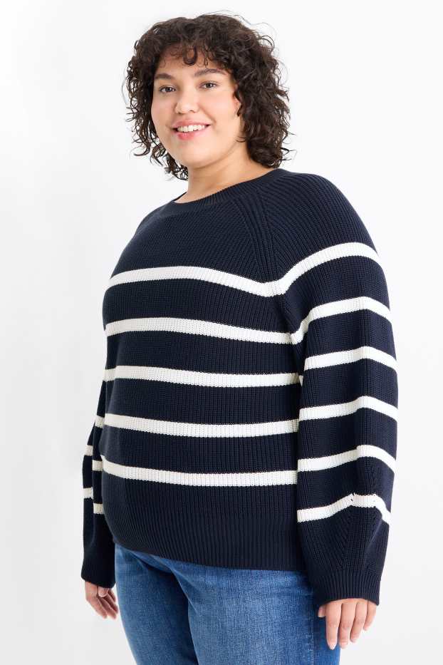 Damen - Pullover - gerippt - gestreift - dunkelblau