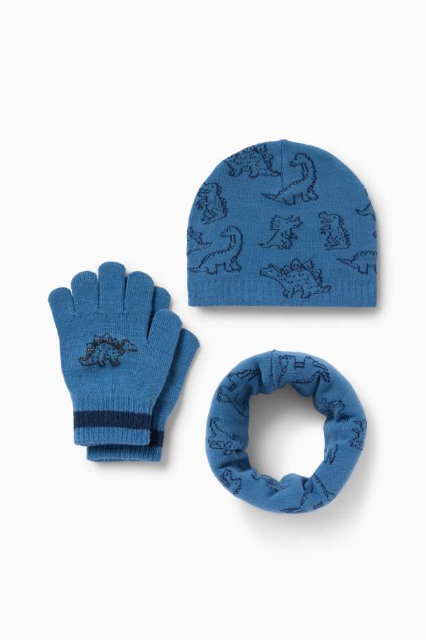 Kinder Buben - Dino - Set - Mütze, Loop Schal und Handschuhe - 3 teilig - blau