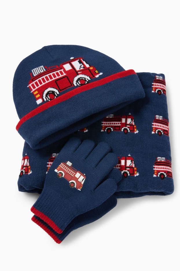 Kinderen: jongens - Brandweer - set - muts, colsjaal en handschoenen - donkerblauw