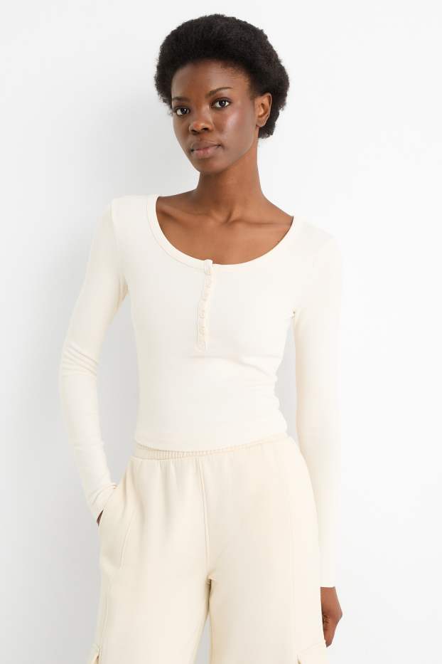 Women - Cropped Henley top - slim fit - cremewhite