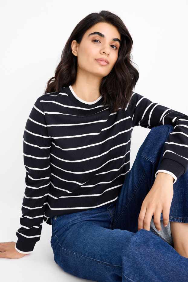 Women - Fine knit jumper - striped - dark blue