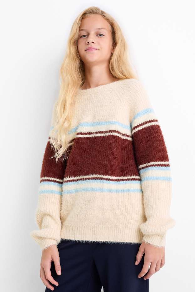 Bambine - Maglione - a coste - a righe - beige chiaro