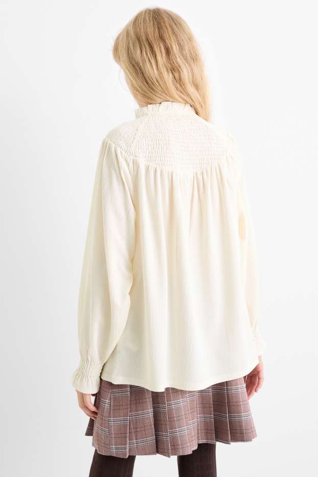 Kinder Mädchen - Langarmshirt - strukturiert - gesmokt - cremeweiß