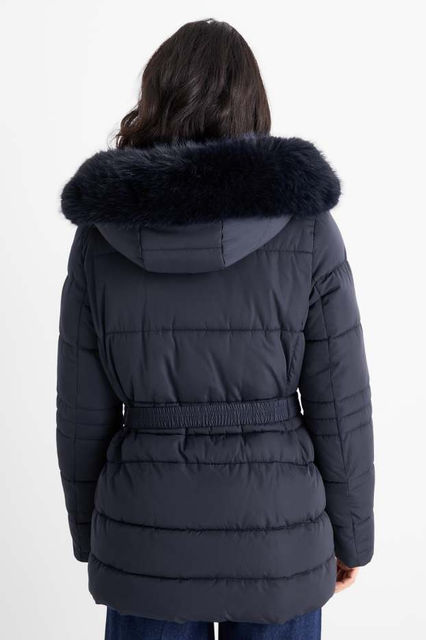 Femmes - Doudoune longue avec ceinture, capuche avec garniture imitation fourrure - bleu foncé