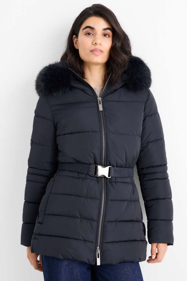 Femmes - Doudoune longue avec ceinture, capuche avec garniture imitation fourrure - bleu foncé