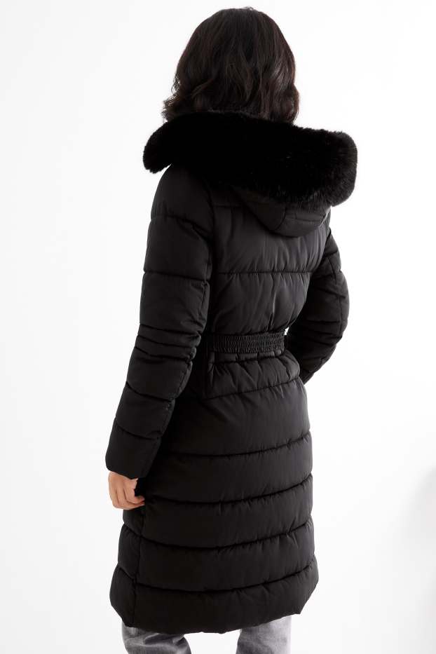 Women - Quilted coat with belt, hood and faux fur trim - black