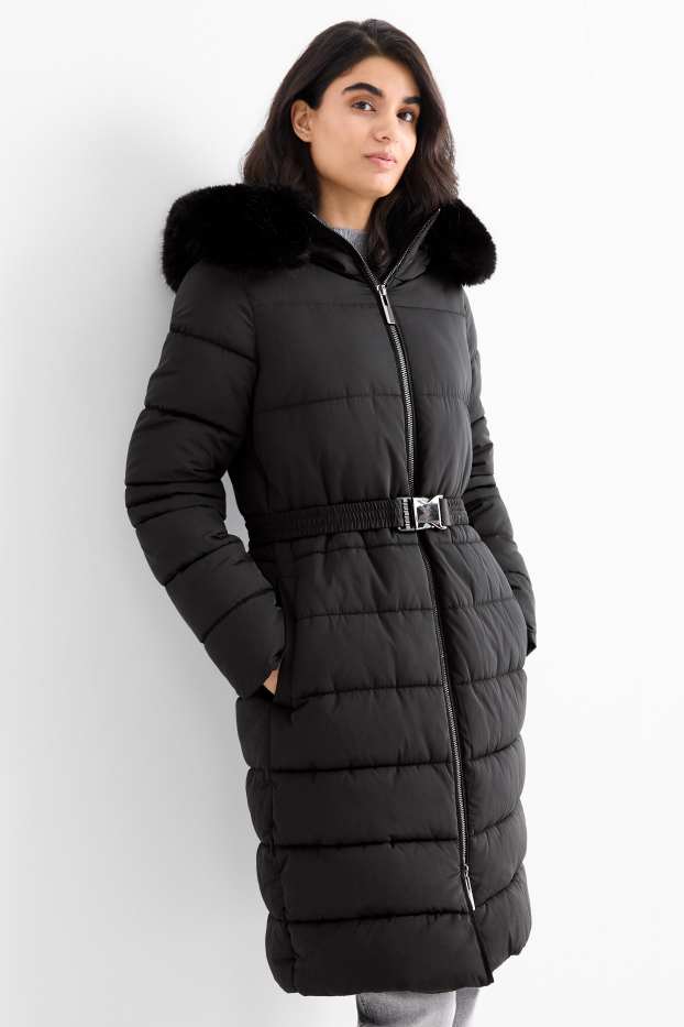 Women - Quilted coat with belt, hood and faux fur trim - black