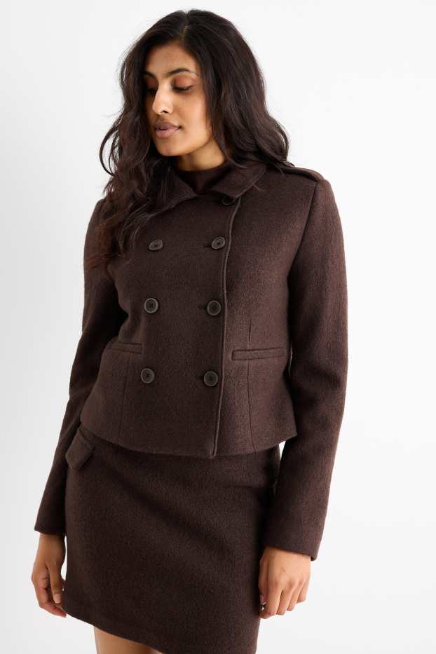 Women - Cropped bouclé blazer - regular fit - wool blend - dark brown