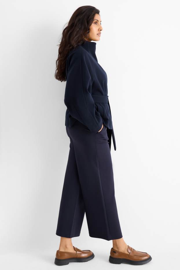 Dames - Jersey broek met ceintuur - high waist - wide leg - donkerblauw