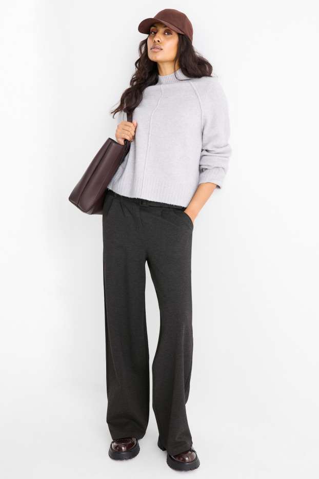 Damen - Jersey-Hose mit Gürtel - High Waist - Wide Leg - dunkelgrau