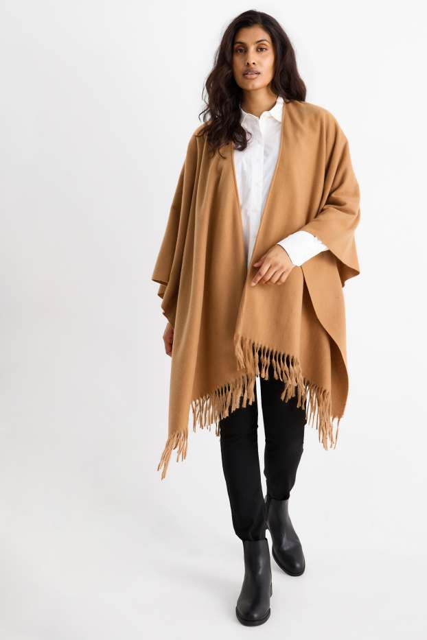Women - Fringed poncho - light brown