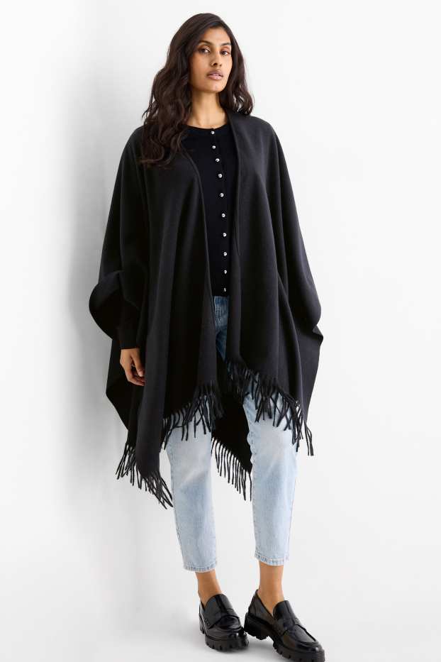 Dames - Poncho met franjes - zwart