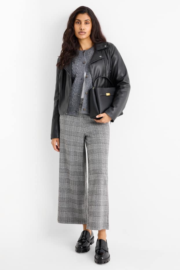 Mujer - Pantalón de jersey con cinturón - high waist - wide leg - de cuadros - negro / blanco