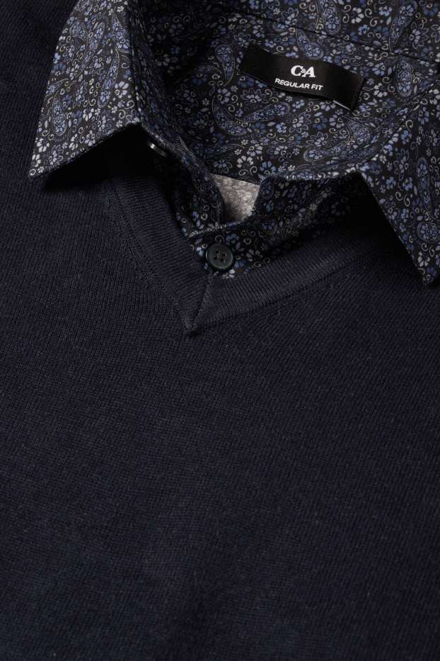 Men - Set - V-neck jumper and business shirt - 2 piece - dark blue