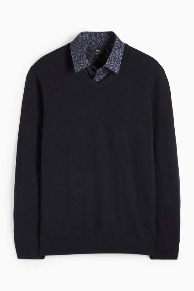 Uomo - Set - maglione con scollo a V e camicia business - 2 pezzi - blu scuro