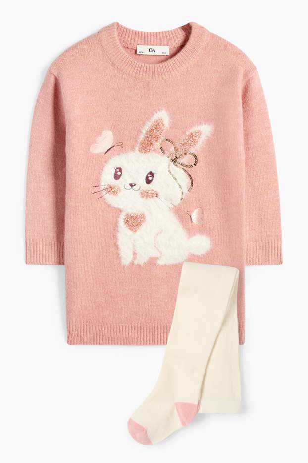 Enfants filles - Lapin - ensemble - robe en maille et collants - 2 pièces - rose